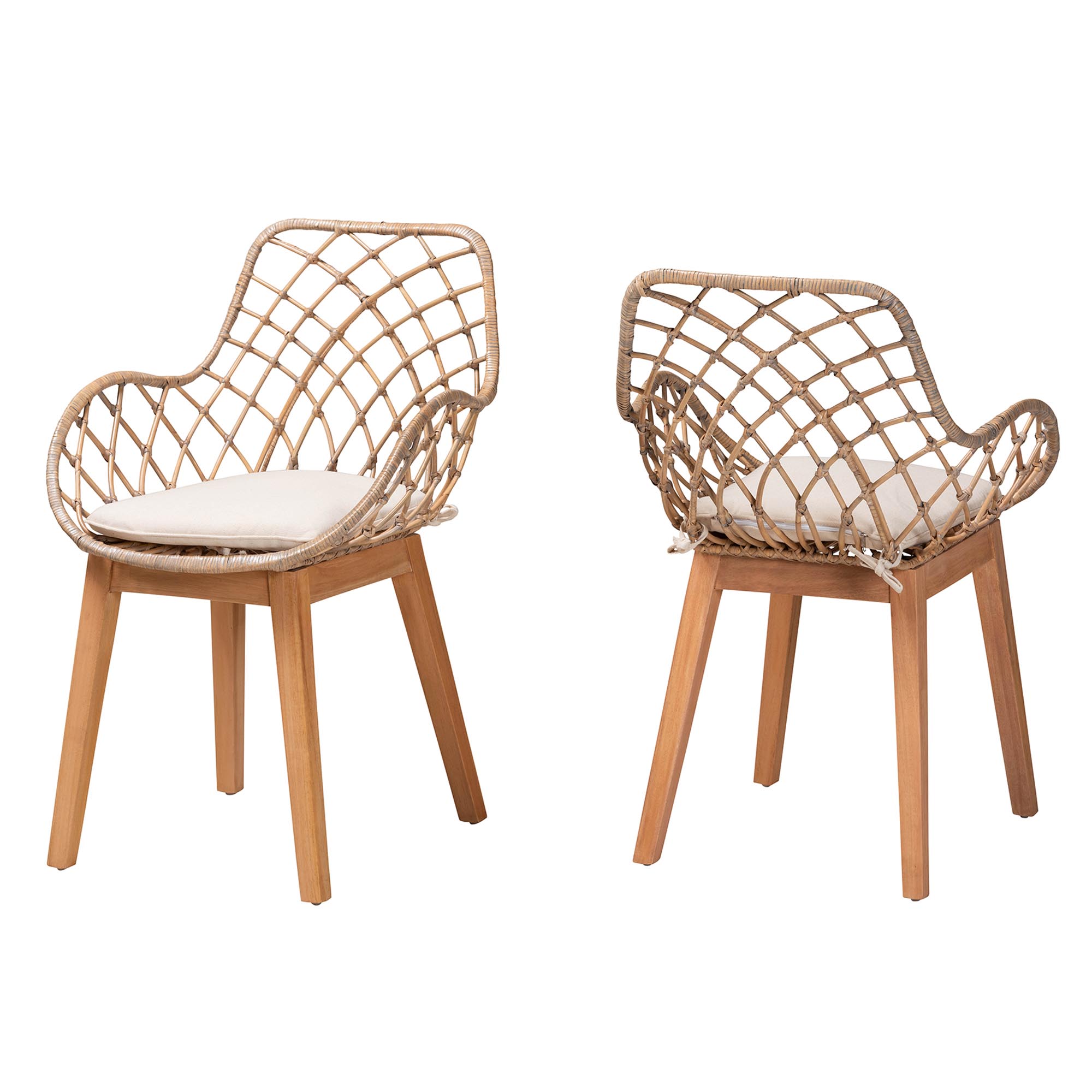 Baxton Studio Ballerina Modern Bohemian Greywashed Rattan and Natural Brown Finished Wood 2-Piece Dining Chair Set
